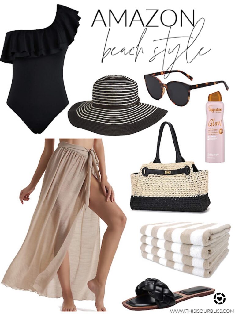 Amazon Vacation outfit - sarong with black ruffle swimsuit sun hat colorful straw bag - This is our Bliss #amazonstyle #amazonvacationoutfits #amazondress #blackdress
