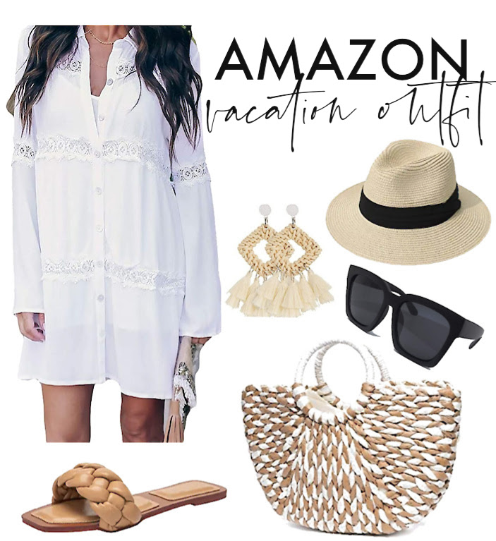 Amazon Vacation outfit - white beach shirt coverup sun hat and straw bag - This is our Bliss #amazonstyle #amazonvacationoutfits