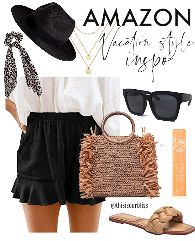 Amazon Vacation outfit - white blouse ruffle shorts sun hat and straw bag - This is our Bliss #amazonstyle #amazonvacationoutfits
