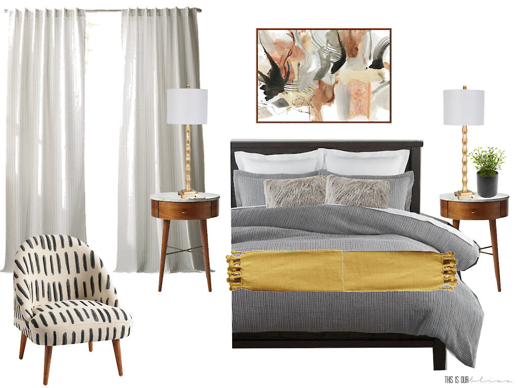 Chic bedroom design with abstract art & patterned chair - This is our Bliss