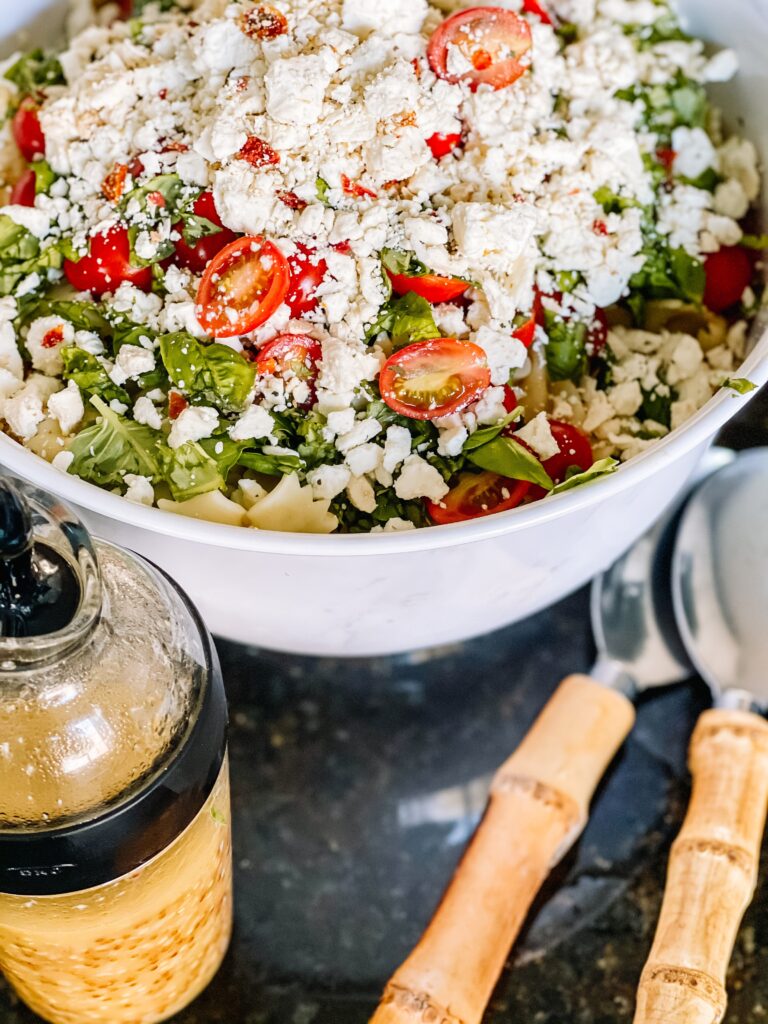 Delicious Light & Fresh Pasta Salad for Summer - feta crumbles - #freshpastasalad #summerpastasalad #lemonpasta - This is our Bliss (1)