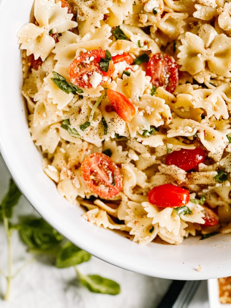 Delicious Light & Fresh Pasta Salad for Summer - feta crumbles - #freshpastasalad #summerpastasalad #lemonpasta - This is our Bliss (2)