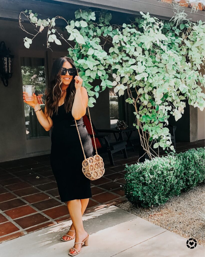 black midi dress with straw crossbody purse - straw purse for vacation #vacationoutfitidea #mididress #blackdress - This is our Bliss (3)