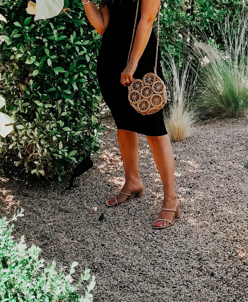 black midi dress with straw crossbody purse - straw purse for vacation #vacationoutfitidea #mididress #blackdress - This is our Bliss (2)