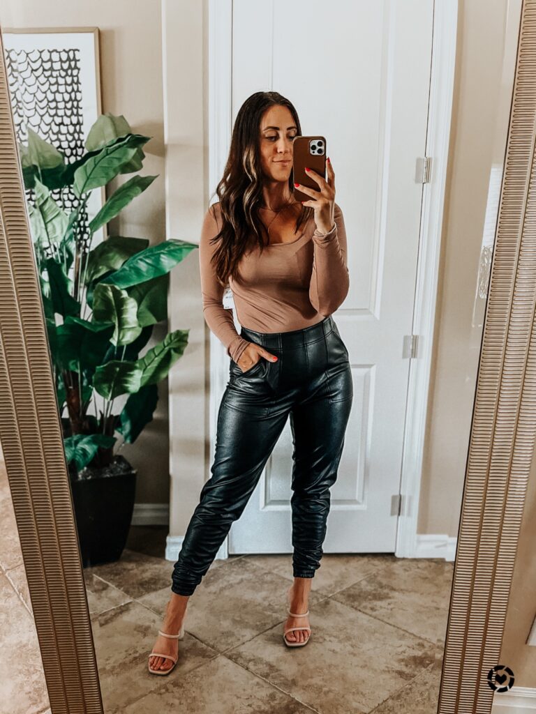 how to style faux leather joggers - #nsale #spanx #fauxleather This is our Bliss