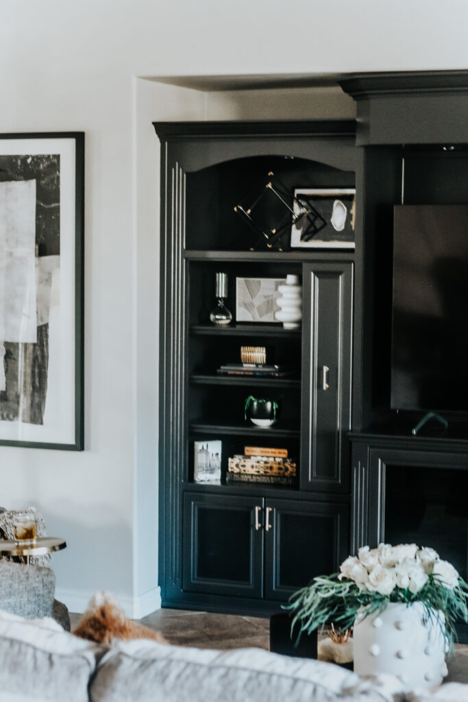 Black family room built-ins - dark bookcases in the family Room - This is our Bliss