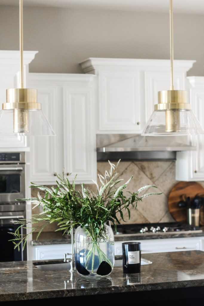 Brass Pendant lights over kitchen island - This is our Bliss - Kitchen refresh