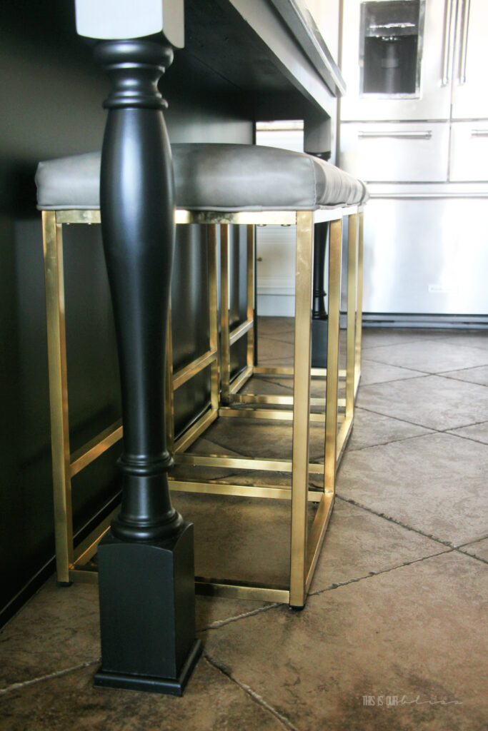 Tricorn Black Kitchen island with brass bar stools - This is our Bliss #blackkitchenisland