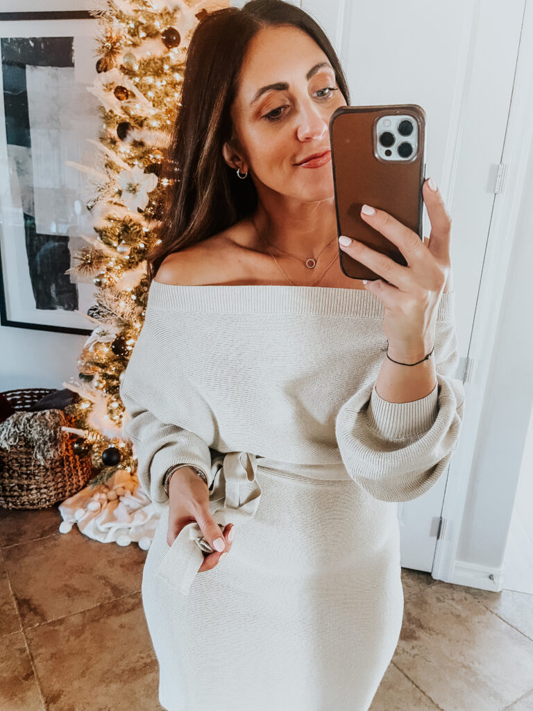 ivory off the shoulder ribbed knit sweater dress - This is our Bliss