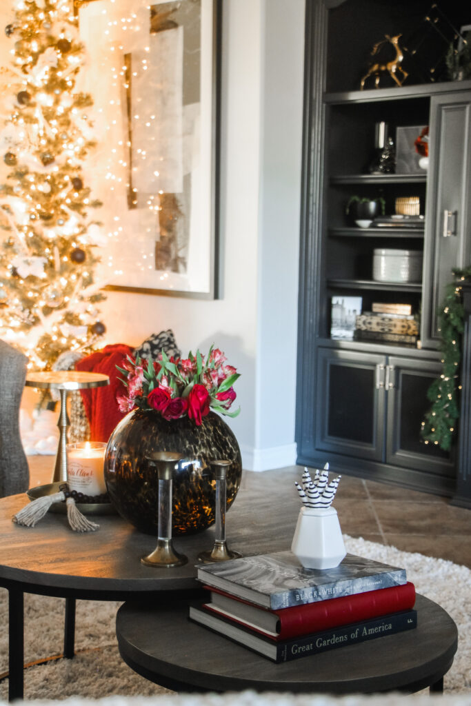Christmas home tour - Family Room with fresh red roses and a pencil tree - This is our Bliss