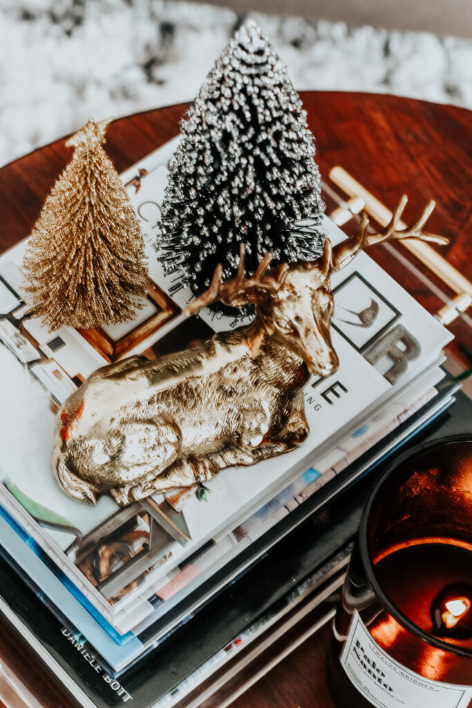 acrylic tray with gold trees & deer - Christmas coffee table styling - This is our Bliss