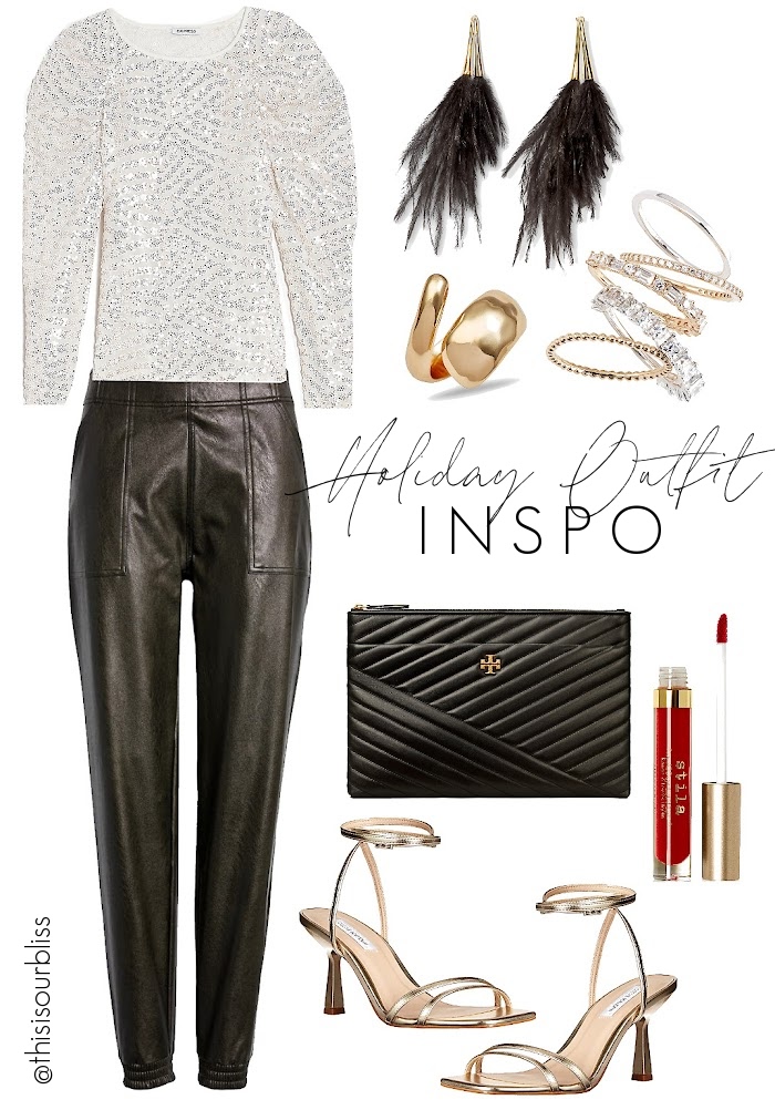 Holiday Party Outfit Inspo - Sequins and leather - This is our Bliss #holidayoutfits #sequinoutfit #hoidaypartyoutfitideas