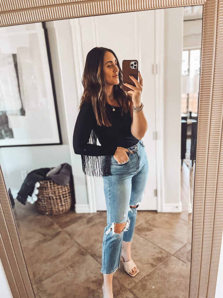 black fringe one shoulder bodysuit - date night or girls night top with jeans - Amazon Haul - This is our Bliss #amazonfashion #amazonhaul