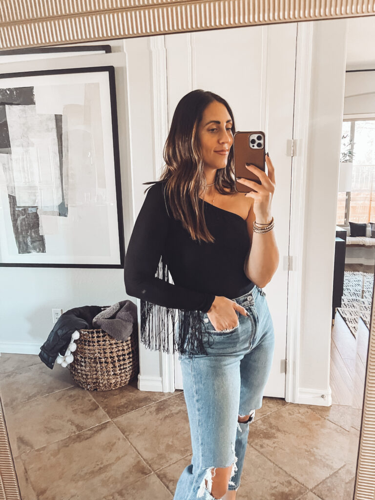 black fringe one shoulder bodysuit - date night or girls night top with jeans - Amazon Haul - This is our Bliss #amazonfashion #amazonhaul