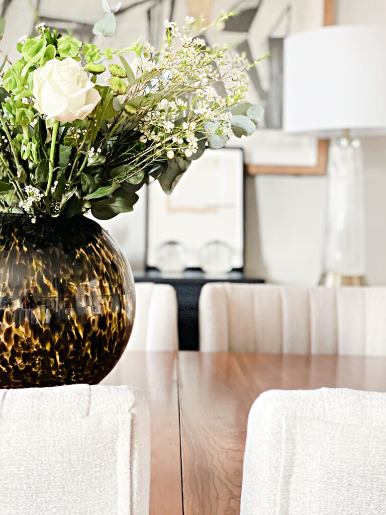 Dining room table centerpiece - neutral dining room design - This is our Bliss