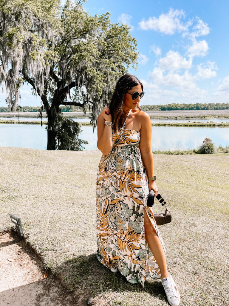 beachy maxi dress with golden goose sneakers - Charleston outfit idea for Spring - Travel outfit - This is our Bliss