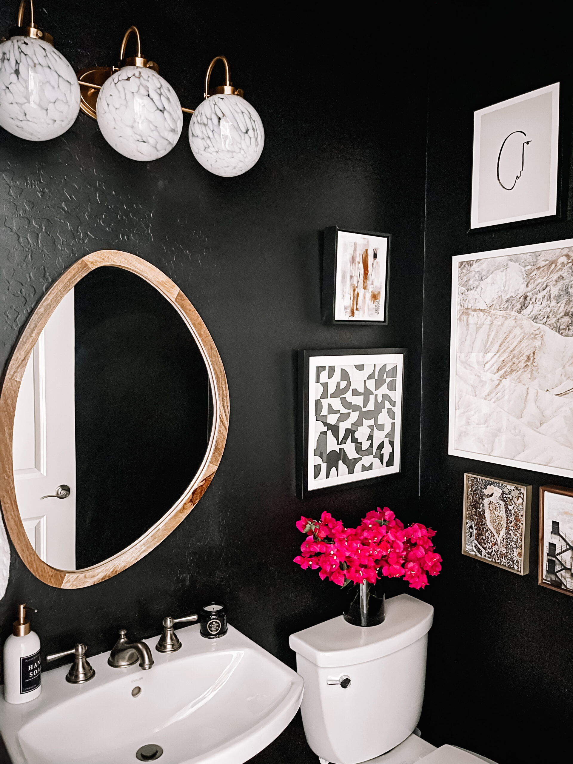 Powder Room Reveal - one room challenge - black walls and brass light - This is our Bliss