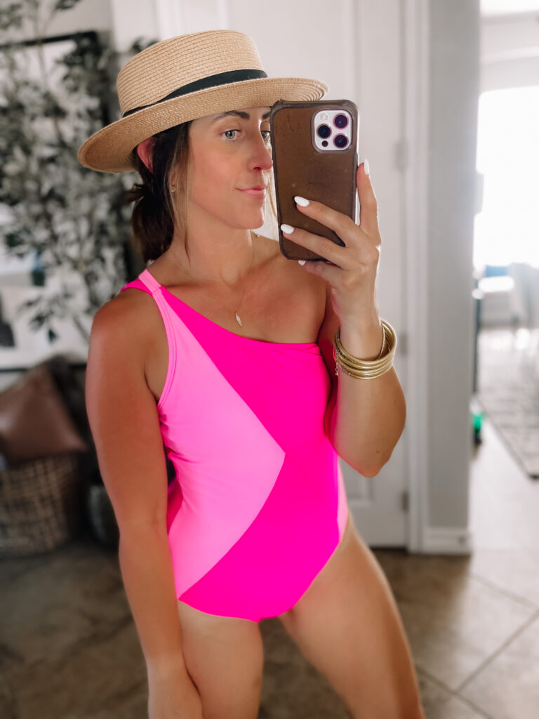 hot pink color block swimsuit from Amazon - THis is our Bliss #amazonswim