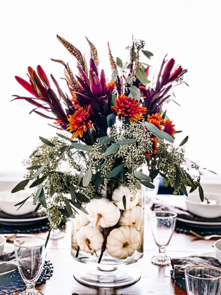 Fall Home Tour 2022 - This is our Bliss - Fall tablescape with pumpkin floral centerpiece - simple fall centerpiece