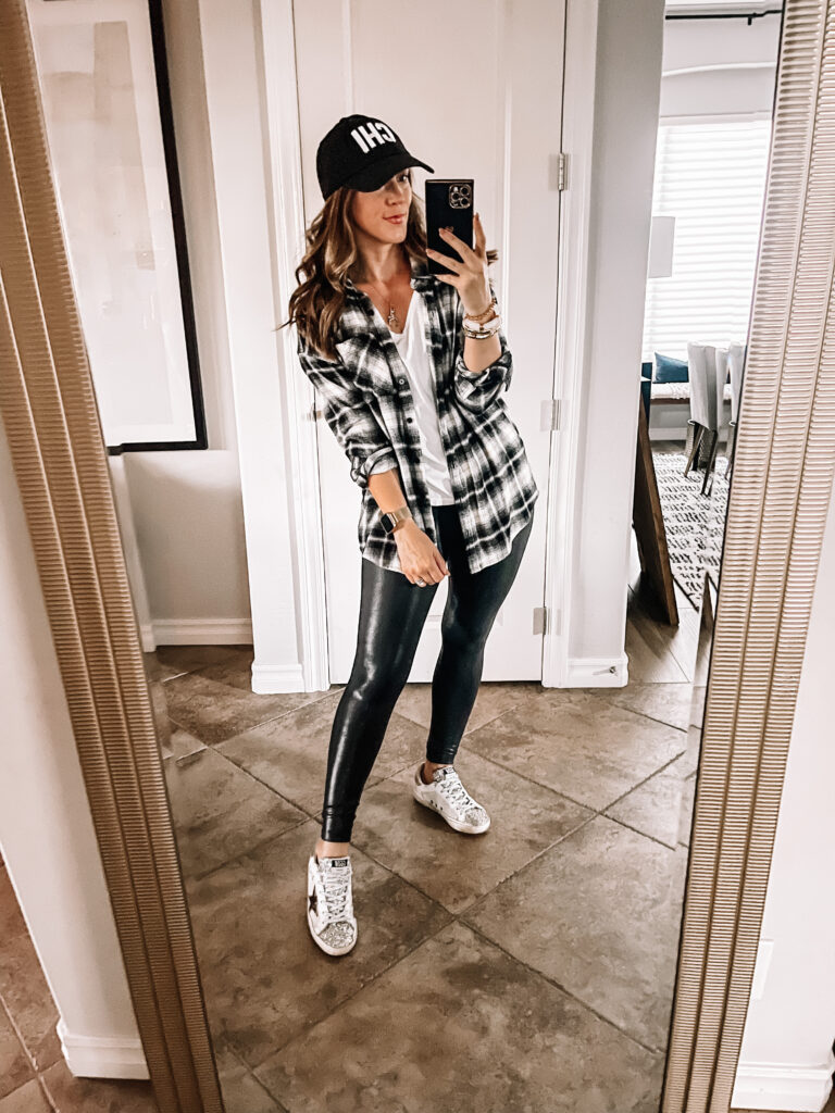 plaid flannel with leggings for Fall - travel outfit idea - fall outfit idea - This is our Bliss