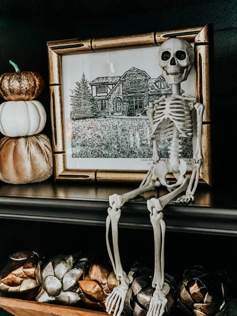 skeleton decor in the built-ins - Halloween idea - This is our Bliss