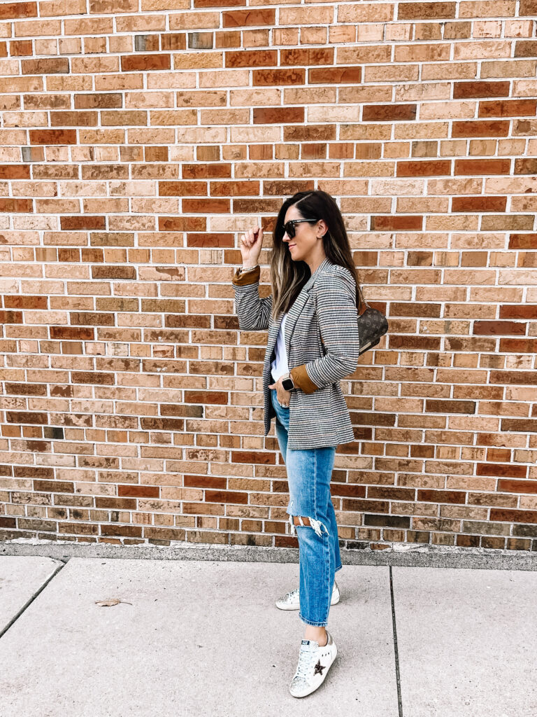 casual blazer look - blazer jeans and sneakers - easy fall outfit idea - This is our Bliss