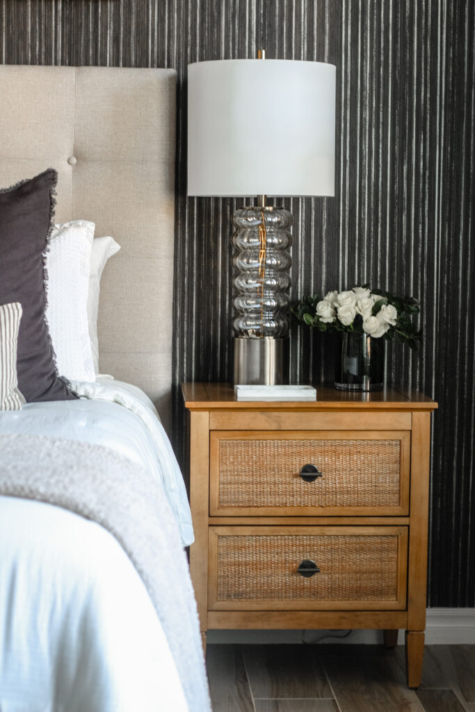 cane nightstands in the Moody Primary Bedroom Retreat - One Room Challenge - This is our Bliss #bedroommakeover