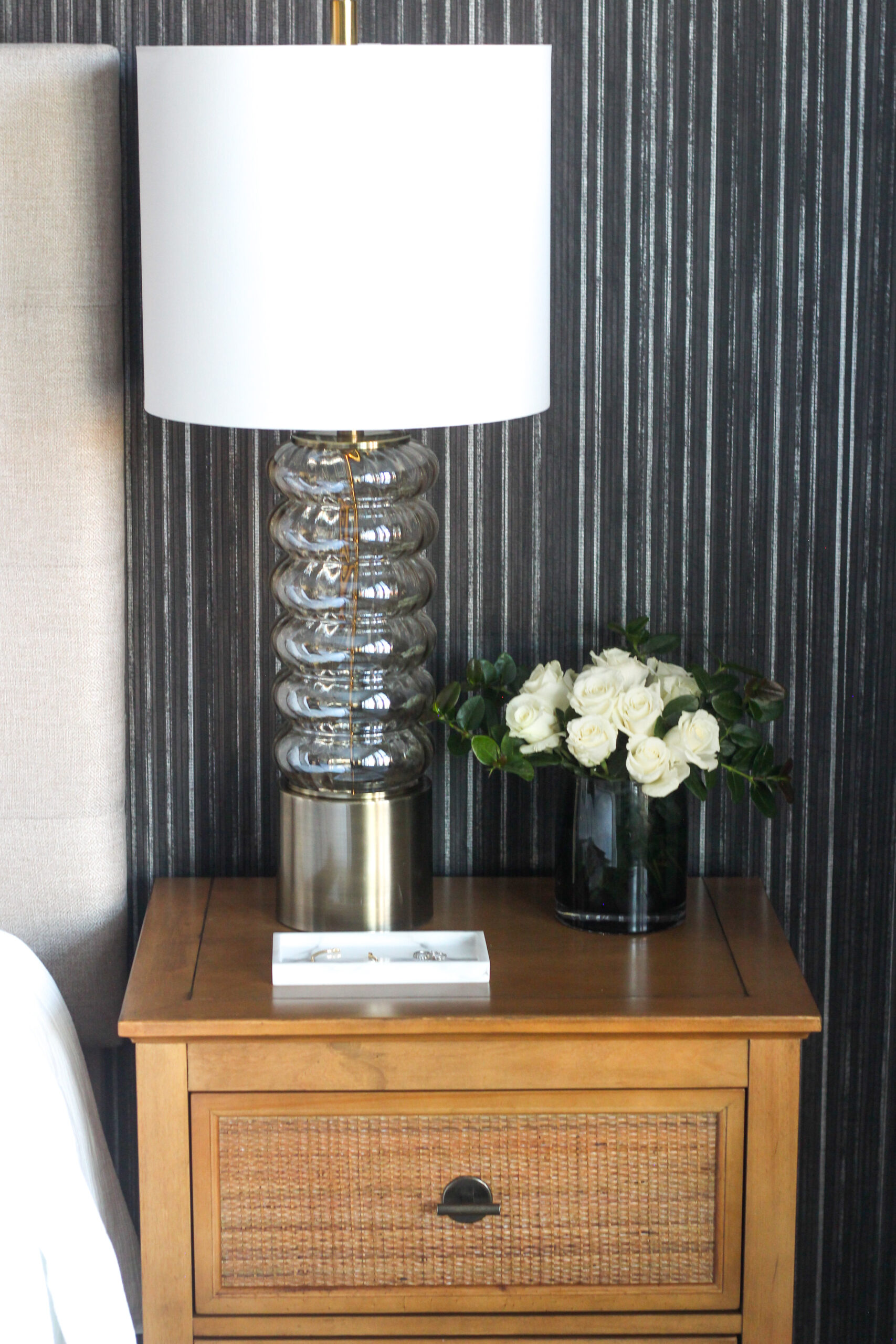 cane nightstands in the Moody Primary Bedroom Retreat - One Room Challenge - This is our Bliss #bedroommakeover