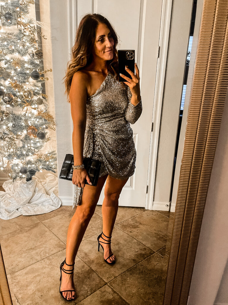 gold silver sequin dress - one shoulder sequin dress for the holidays - what to wear on new year's eve - holiday party dress idea - This is our Bliss