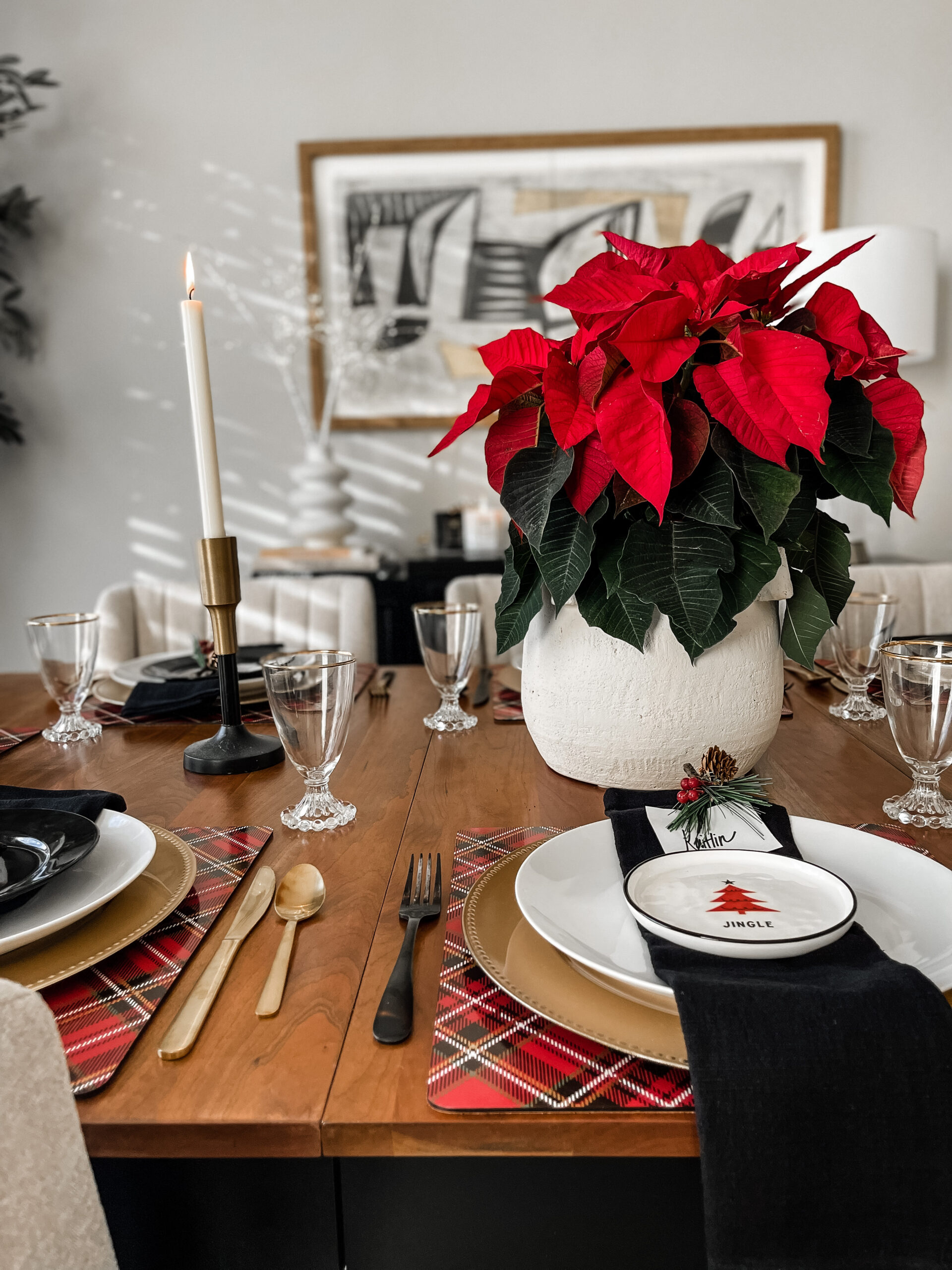 Red in the Dining Room for Christmas - This is our Bliss - Poinsettia & plaid Christmas table