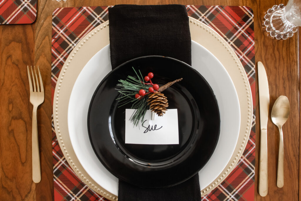 Red in the Dining Room for Christmas - This is our Bliss - Poinsettia & plaid Christmas table - DIY Christmas place card