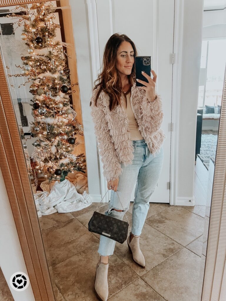 holiday brunch look - furry fringe jacket with jeans and nude booties - casual holiday outfit - This is our Bliss - Amazon holiday outfit idea
