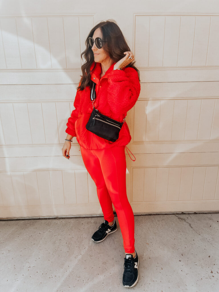 All red athleisure outfit - red leggings and red sherpa pullover - This is our Bliss