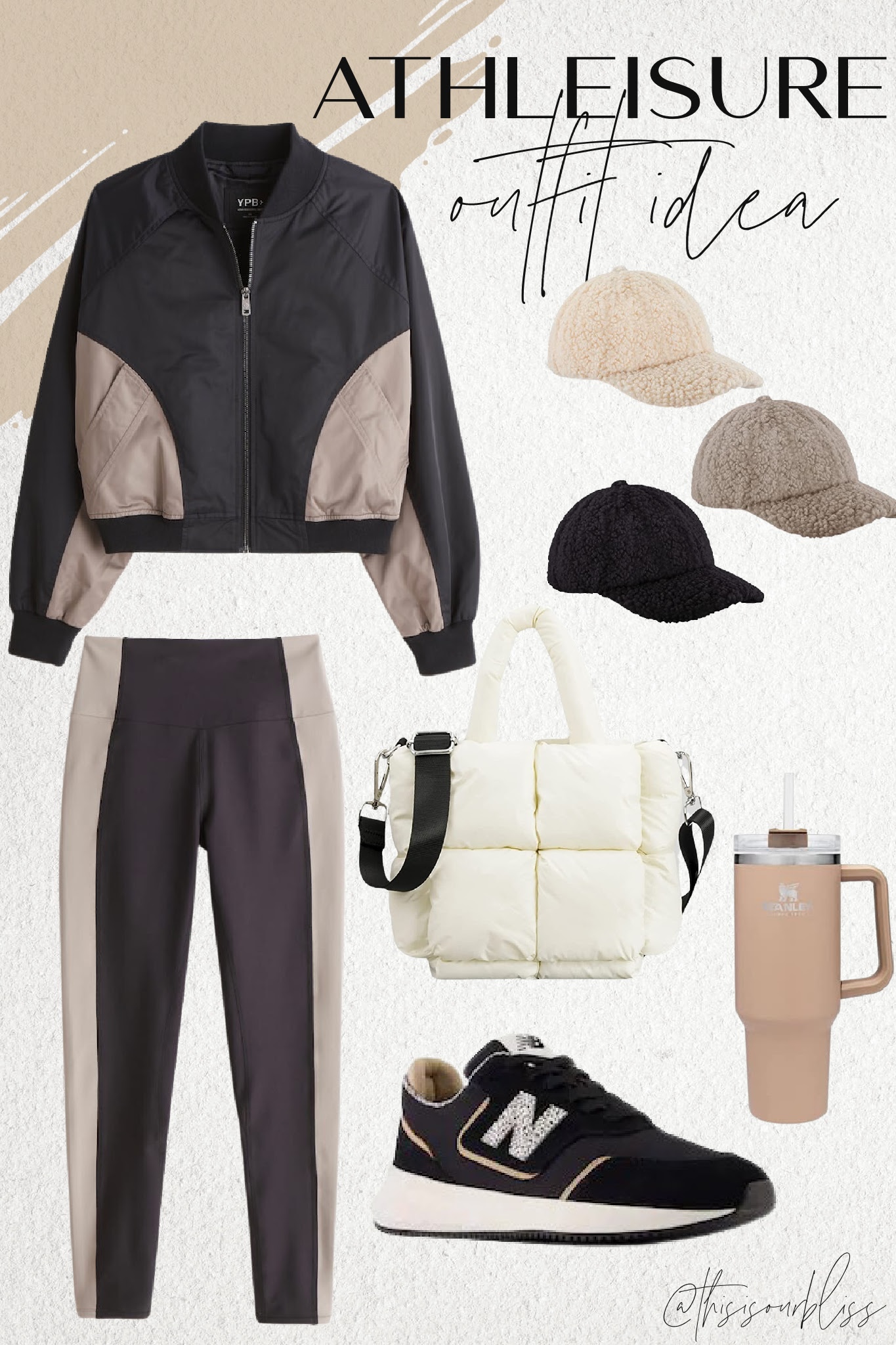Abercrombine Activewear - athleisure outfit idea - cropped bomber jacket leggings with quilted puffer tote bag stanley cup and sherpa hat - This is our Bliss