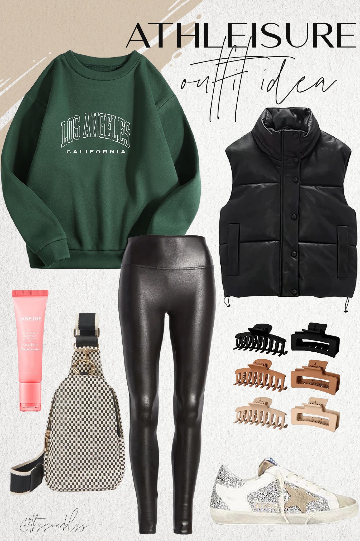 Casual Athleisure outfit from Amazon - oversized sweatshirt faux leather cropped puffer vest with spanx and golden goose sneakers - This is our Bliss Athleisure style