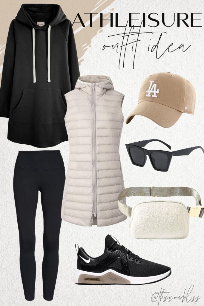 amazon athleisure outfit idea - long hoodie with long quilted vest and leggings, sherpa belt bag - This is our Bliss #amazonathleisure #activewear #puffervest