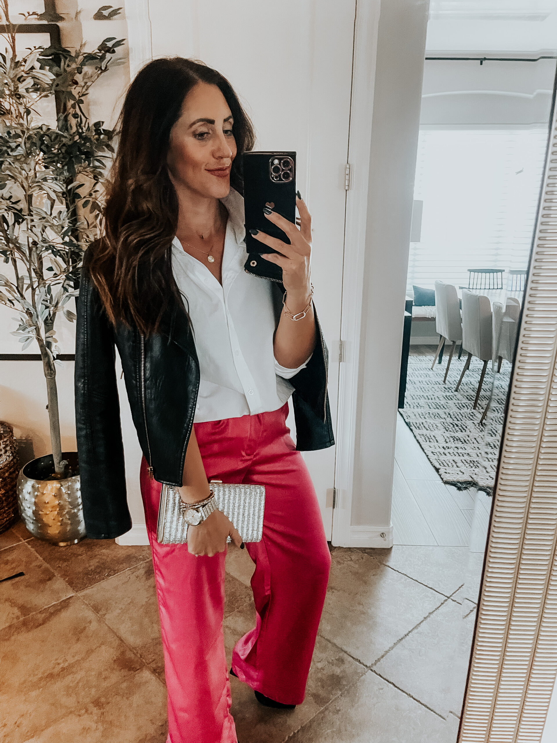 satin pants with white blouse and faux leather jacket - amazon pink satin pants for valentines day