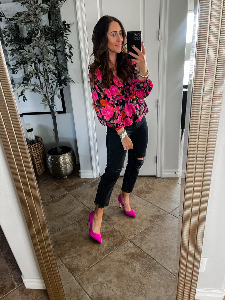 date night look - floral blouse with jeans and pink heels - This is our Bliss - what I'm wearing lately