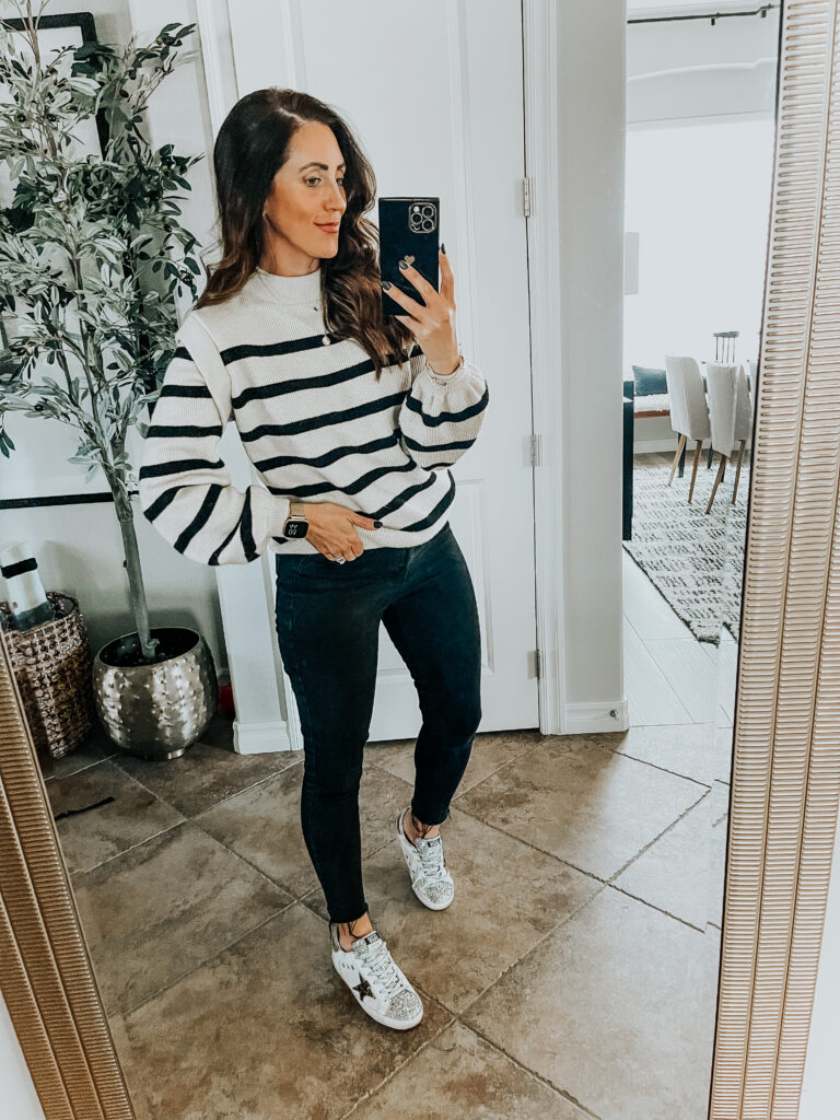 striped sweater and jeans - everyday casual look with sneakers - This is our Bliss
