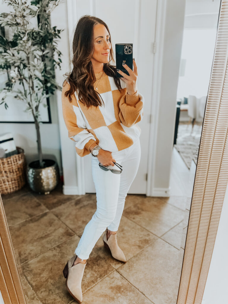 checkered sweater with bell sleeves and white jeans - casual outfit idea - This is our Bliss