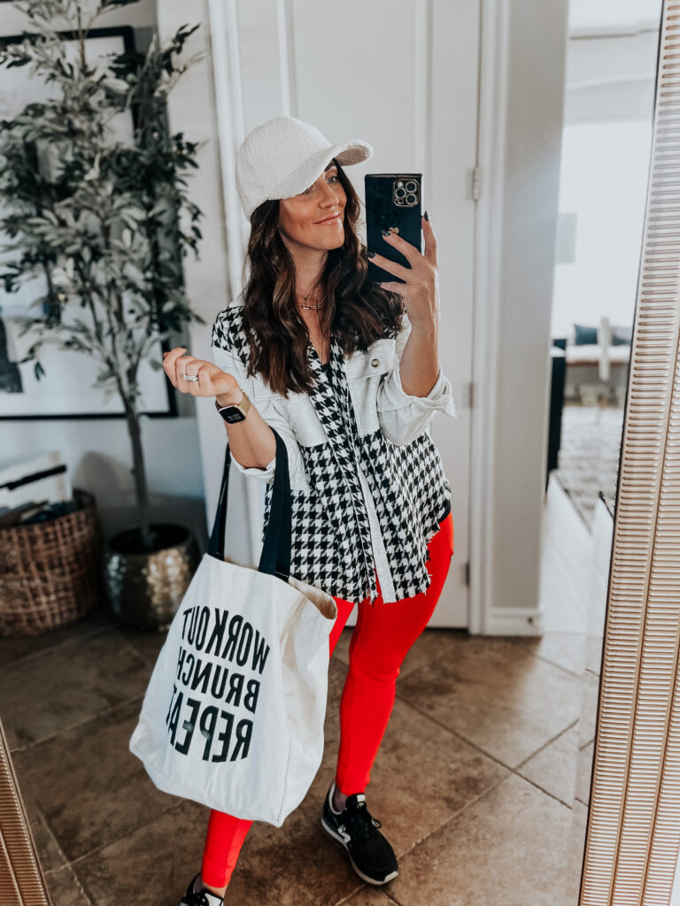 red leggings & houndstooth shacket - This is our Bliss - valentine's day outfit ideas errands, gym and coffee run outfit - 