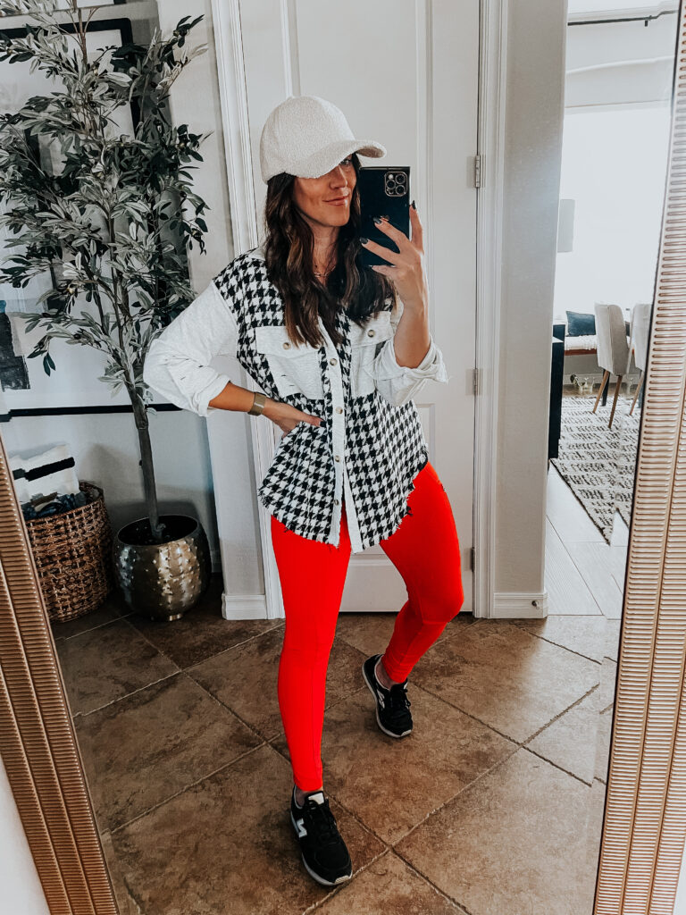 red leggings & houndstooth shacket - This is our Bliss - valentine's day outfit ideas errands, gym and coffee run outfit - 