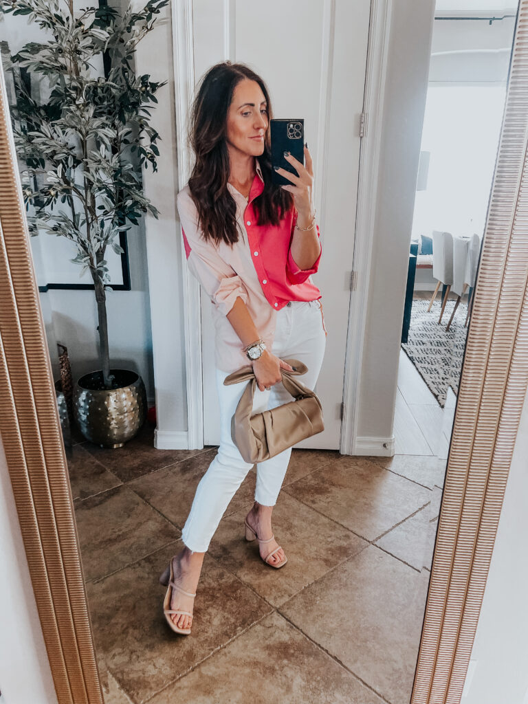 hot pink and light pink color block blouse - This is our Bliss - Valentine's day outfit ideas from amazon