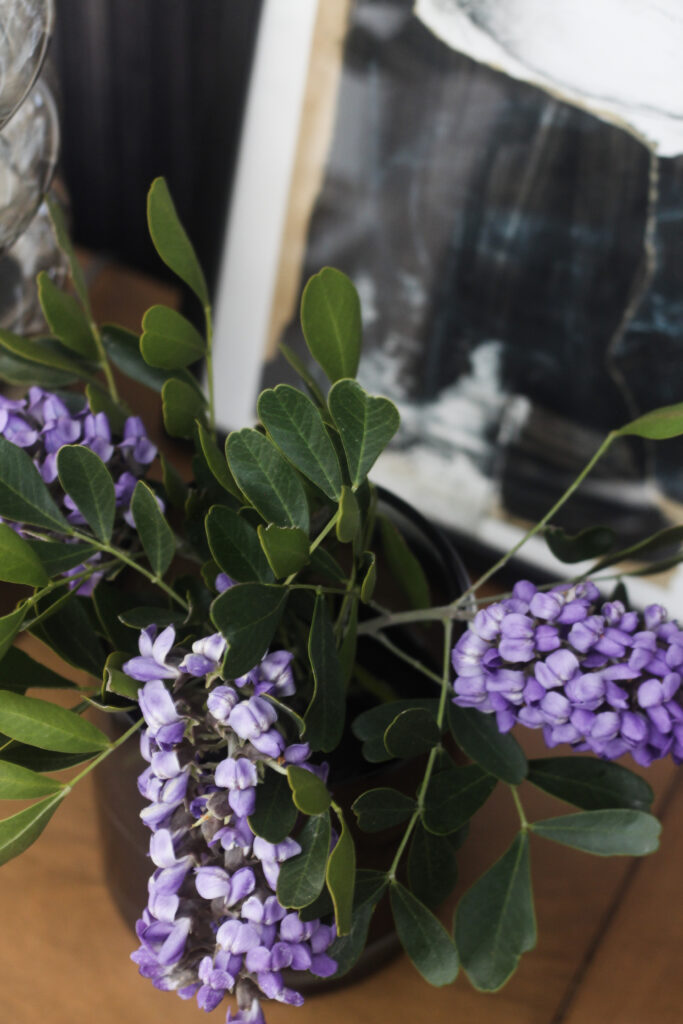 fresh clipped lilac in vase on nightstand - Spring Bedroom decor - Spring decorating in the bedroom - This is our Bliss