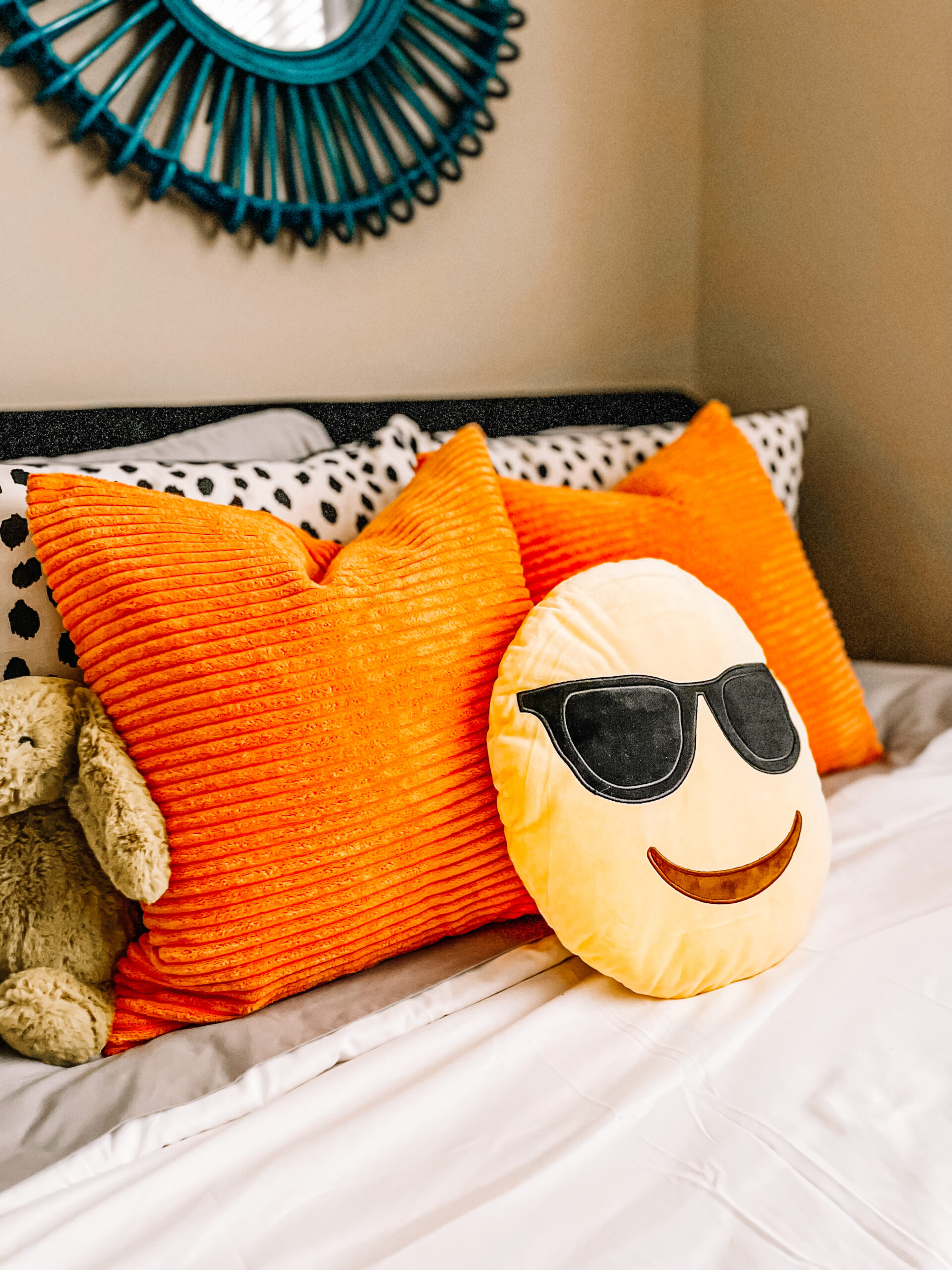 fun kid throw pillows on big boy room bed - emoji pillow orange pillows - This is our Bliss - big boy room reveal