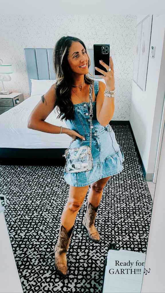 What I Wore to Garth Brooks - what to wear to Garth Brooks - This is our Bliss #countryconcertoutfit #denimdress #countryconcertstyle