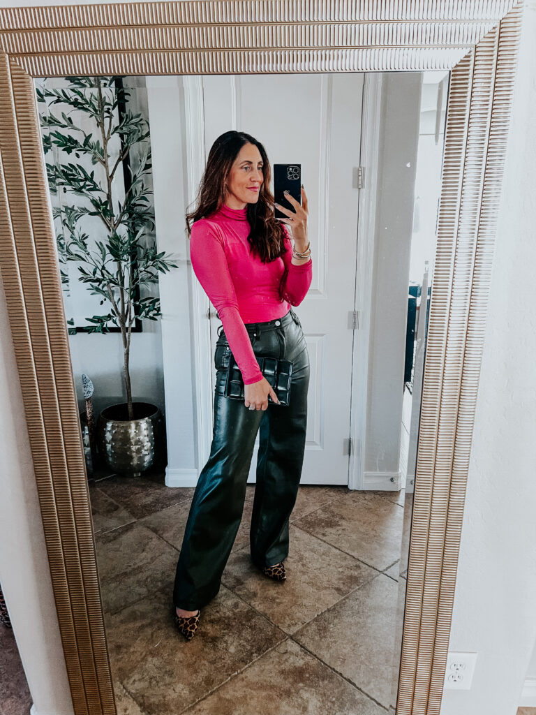 how to wear olive green faux leather pants - hot pink mesh turtleneck with olive green pants - This is our Bliss