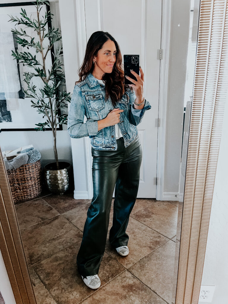 how to wear olive green faux leather pants - casual fall outfit with leather pants, tee, denim jacket & sneakers