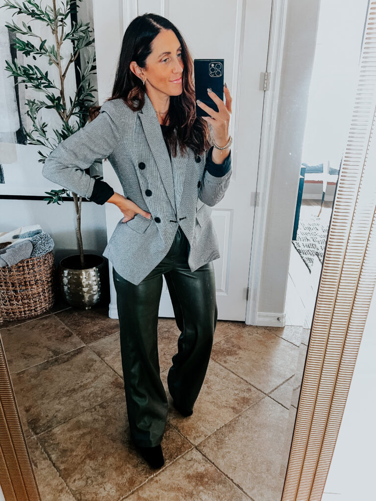how to wear faux leather pants - wide leg olive green faux leather pants - with a blazer - fall outfit idea