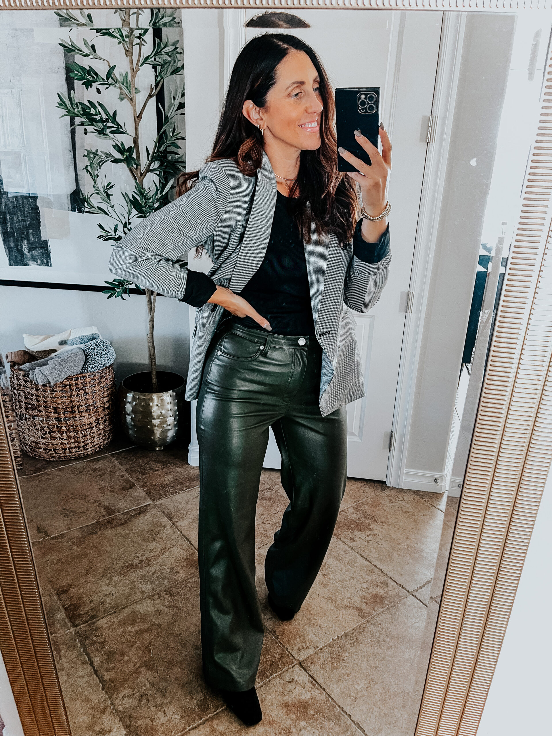 how to wear olive green faux leather pants with a blazer - fall outfit idea -This is our Bliss